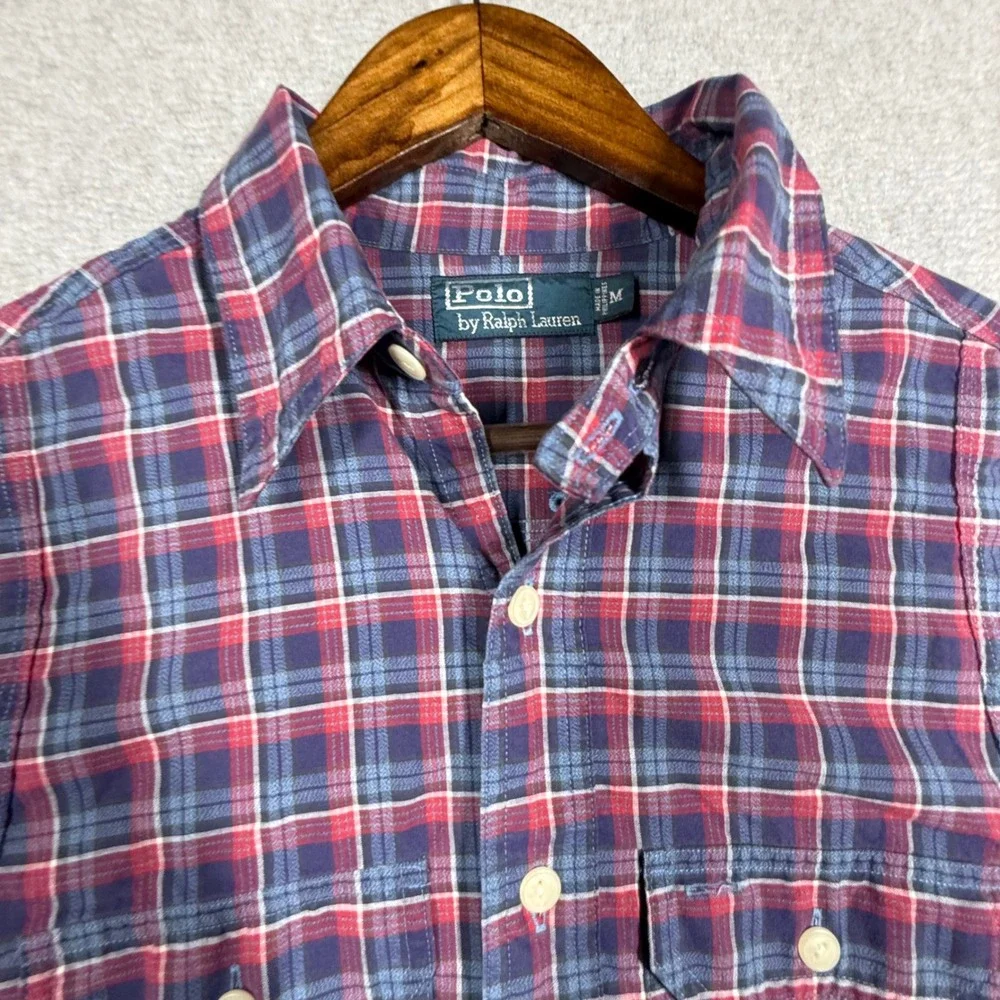 Polo Ralph Lauren Men Medium Vented Plaid Shirt Red Blue Button Down Utility